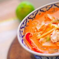 Red Curry · Simmered red curry paste with coconut milk, bamboo shoot, eggplant, bell pepper and basil.