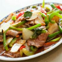 Pad Krapow / Spicy Basil · Traditional Bangkok food and centre of Thailand, stir-fried meat with chili, garlic, white o...