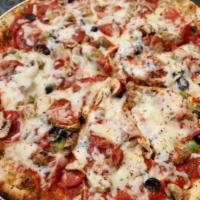 Highway Special · Pepperoni, sausage, mushrooms, green peppers, onions, black olives.