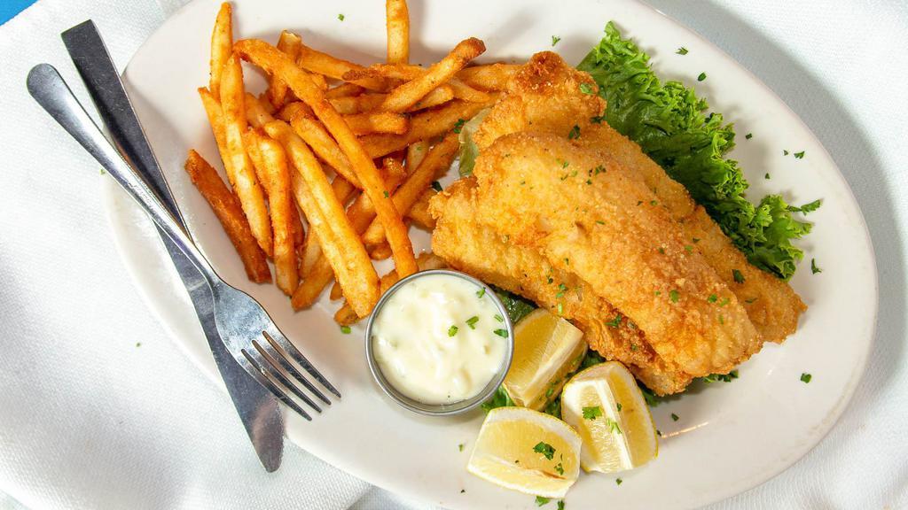 Fish N' Chips · Three large premium hand battered fresh cod. Served with fries, tartar sauce, and lemon wedge.
