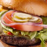 Cheeseburger · Fresh ground beef, melted American cheese, onions, tomatoes lettuce with our house dressing,...