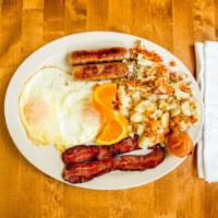 Combination Plate · (2) Any style eggs, hashbrown (2) bacon (2) sausage and choice of toast, pancake or french t...