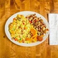 Country Scrambler · Scramble egg with bacon, green onion, green pepper and cheddar cheese . Side hashbrown and s...