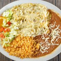 Enchiladas De Camarón · Filled with shrimp and your choice of red mild sauce, green spicy sauce, or mole sauce toppe...