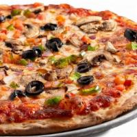 Veggie Lovers · classic red sauce, mozzarella, green peppers, red onions, black olives, tomatoes and mushrooms