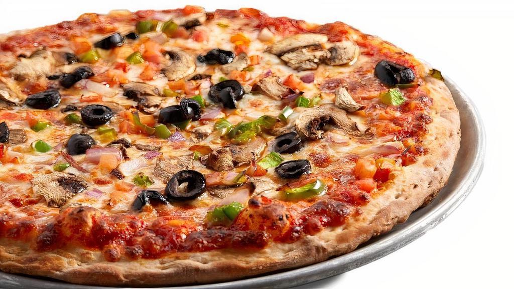 Veggie Lovers · classic red sauce, mozzarella, green peppers, red onions, black olives, tomatoes and mushrooms