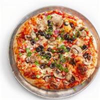 Pizza - Veggie Lovers (V) · classic red sauce, vegan mozzarella, green peppers, red onions, black olives, tomatoes and m...