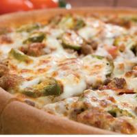 Hot Stuff · Topped with premium Pepperoni, seasoned Beef, Italian Sausage, Jalapenos, diced Onions and M...