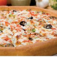 Veggie Pie · Made especially for veggie lovers. Diced Onions, crisp Green Peppers, Black Olives, fresh To...