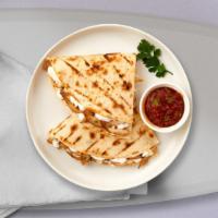 Cheese Quesadilla · Green peppers and onions wrapped with cheddar cheese in a grilled tortilla. Served with a si...
