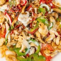 Chicken With Rice · Grilled chicken cooked with bell peppers and mushrooms topped with cheese sauce over a bed o...