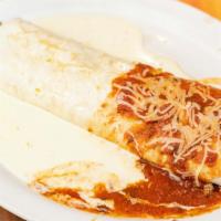 Fajita Burrito Del Rey · A large 12 inch tortilla filled with ground beef, beans, and Spanish rice. Topped with both ...