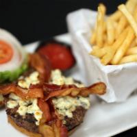 Wixom Bleu Burger · Chef favorites. 7 oz. Prime beef, bleu cheese, and bacon, lettuce, tomatoes and onions.