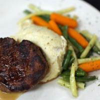 Filet Mignon · Chef favorites. Hand-cut filet topped with zip sauce. Served with garlic mashed potatoes and...
