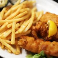 Fish & Chips · Hand-battered cod served with fries and tartar sauce with a side of coleslaw.
