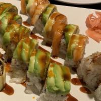 Sweetheart Roll · Shrimp tempura and crab stick inside, with smoked salmon, shrimp, avocado, and eel sauce on ...