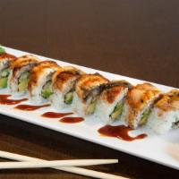 Black Dragon Roll · Shrimp, avocado, and cucumber inside, with eel and eel sauce on top.