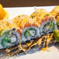 Sunshine Roll · Salmon tempura and avocado inside, with salmon, avocado, spicy sauce, and crunch on top.