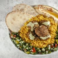 Falafel Plate · Dairy free, vegan and vegetarian. Served with rice, salad, 6 pieces of falafel, bread and sa...