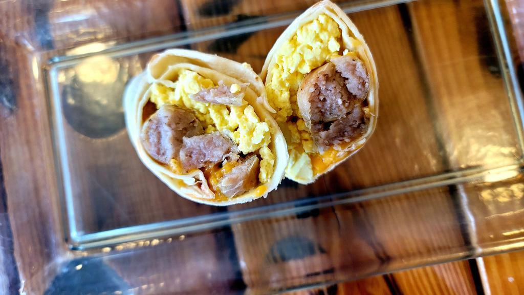 Sausage Cheese Egg Wrap · Scrambled eggs, our breakfast sausage links cut up with your choice of cheese.
