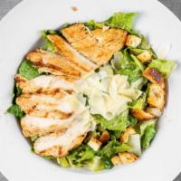 Chicken Caesar Salad · Romaine, croutons, shaved parmesan, marinated chicken tossed in Caesar dressing.