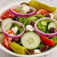 Greek Salad · Fresh lettuce mix with tomatoes, cucumber, onion, green pepper, greek kalamata olives (may c...