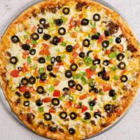 Mexican (Thin Crust) · Taco seasoned ground beef, green onion, tomatoes, black olives, Mozzarella, and Cheddar. (Ja...