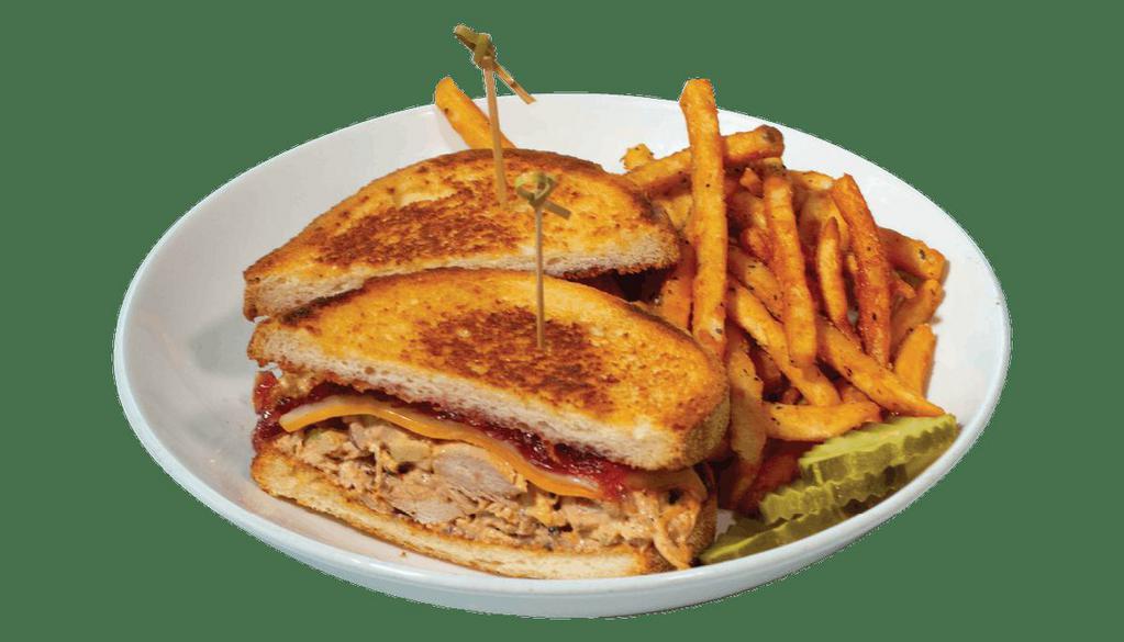 New! Chipotle Chicken Melt · Spicy and smoky chicken salad, muenster and cheddar cheeses, sweet red onion jam, on sourdough. Served with Cosmik Fries & pickle slices on the side..