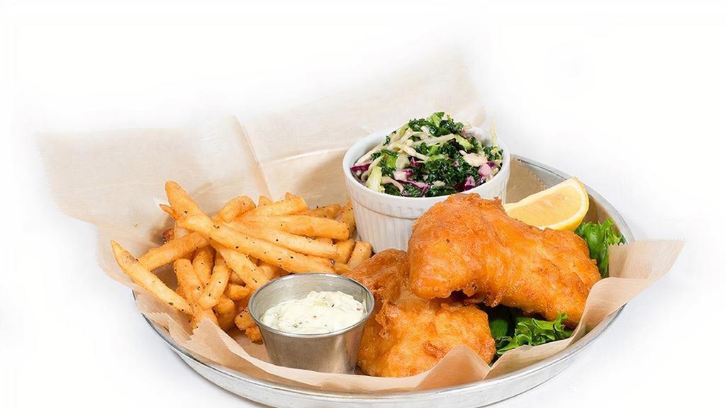 Fish & Chips · hand-dipped, beer-battered alaskan cod. served with slaw, a lemon wedge, house-made tartar sauce & cosmik fries.