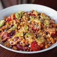 Crunchy Buddha Bowl {Vt} · exotic grains, quinoa, vegan chorizo, corn & bean relish, spicy roasted chickpeas, cherry to...