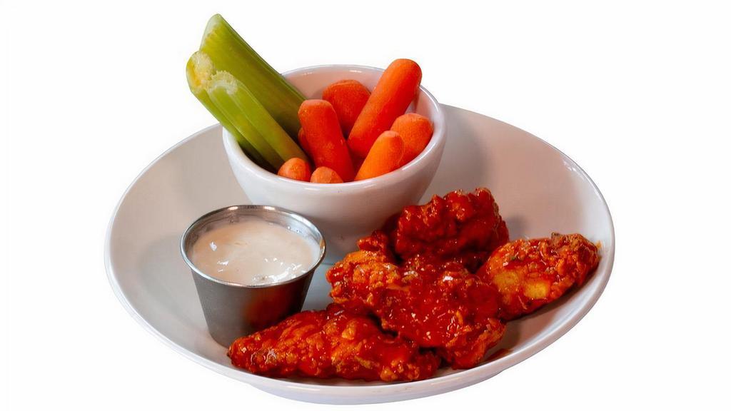 Hopkittens Boneless Wings · 4 hand-breaded jumbo chicken wings served with buttermilk ranch or bleu cheese dressing. Tossed in your choice of sauce.