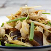 Pad Khing Ginger · Stir-fried fresh ginger, yellow bean sauce, onions, sweet pepper, scallions, and mushrooms w...