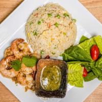 Bangkok Shrimp · Garlic shrimp and fried rice served with a side of salad