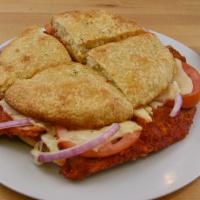 Eggplant Panino · Thin slices of fresh eggplant coated with breadcrumbs, baked with marinara and provolone che...