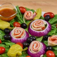 Antipasto Salad · Romaine lettuce, red onion, tomato, black olives, salami, pepperoni, provolone cheese, peppe...