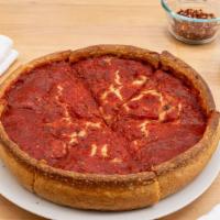 14” Large Pan Cheese Pizza · 2 layers of cheese topped with our homemade pizza sauce.  This is Chicago Deep Dish pizza.