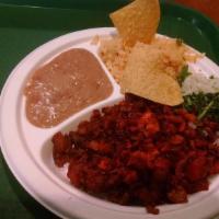 Platters · Your choice of meat, served with rice and beans, cilantro, onion, salsa and tortillas on the...