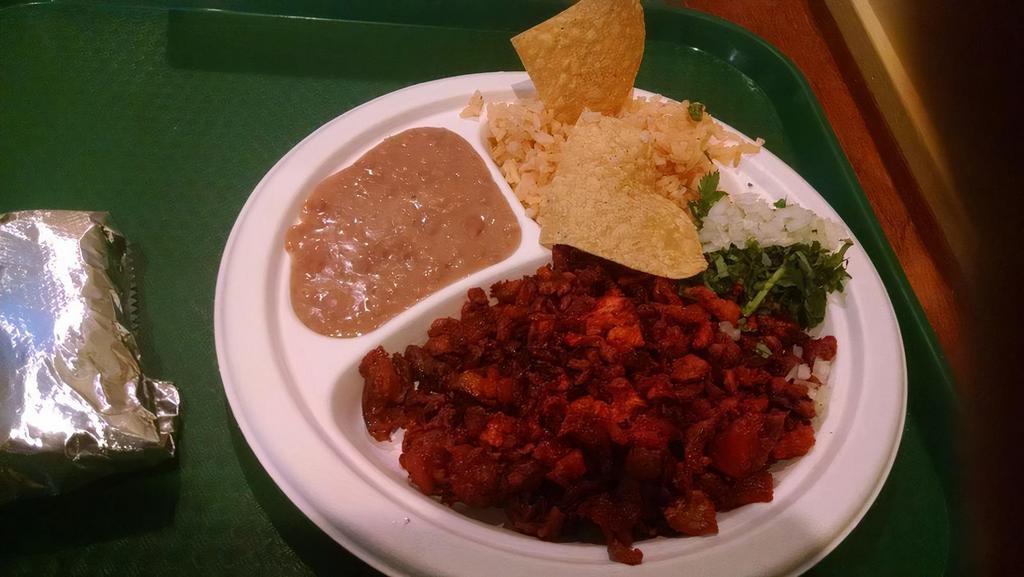 Platters · Your choice of meat, served with rice and beans, cilantro, onion, salsa and tortillas on the side.