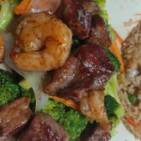 Hibachi Jumbo Shrimp & Beef · Served with white rice or fried rice.