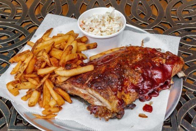 Saturday- 1/2 Slab Bbq Rib Dinner · Tender juicy 1/2 slab BBQ Ribs with an order on fries and a side of Cole Slaw.