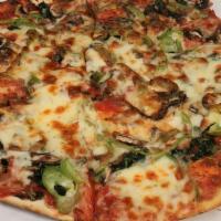 Veggie Pizza · Earthy mushrooms, fresh spinach, sliced tomatoes and bell peppers. Topped with our five Ital...