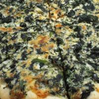 Spinach Pizza · Fresh spinach sautéed with butter and garlic tops our tomato base and five Italian cheese bl...