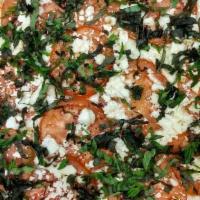 Deep Dish Greek Pizza · Greek feta cheese, kalamata olives, olive oil, garlic, sliced tomatoes, and sweet Italian ba...