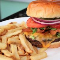 Bacon Cheeseburger And Fries · 8oz juicy beef patty topped with bacon, fresh lettuce, ripe tomatoes, grilled onions, creamy...