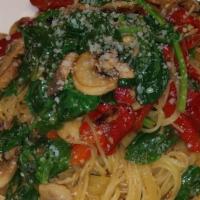 Lemon Angel Hair Pasta · Thin al dente angel hair with earthy sliced mushrooms, fresh spinach, roasted red peppers to...