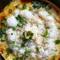 Garlic Fried Rice · Skillet fried rice with egg, garlic, butter, negi.