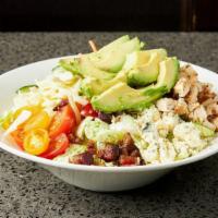 Cali Chopped Salad · Avocado, grilled chicken, gorgonzola,  peppered bacon, grape tomatoes, provolone, cucumber, ...