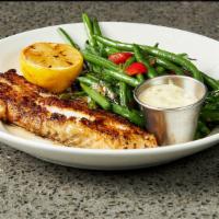 Fresh Atlantic Cod · Blackened, house-made remoulade, served with sauteed French green beans.