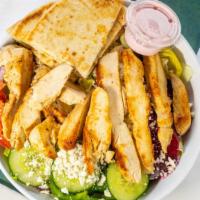 Chicken Greek Salad · Grilled chicken, lettuce, tomatoes, cucumbers, feta cheese, beets, olives, onions & pepperon...