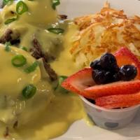 Roast Beef Eggs Benedict · Slow roasted beef, poached eggs and hollandaise sauce on top of English muffin, served with ...